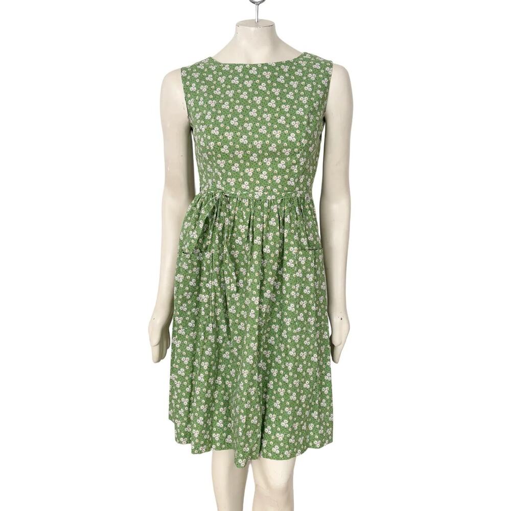 VTG Ditsy Floral Daisy Print Wrap Dress in Green Patch Pockets V-back SZ 4